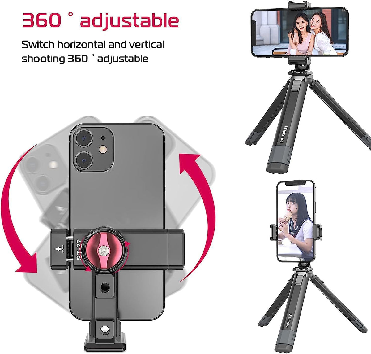 Metal Phone Tripod Mount 3 Cold Shoes & Arca Port, 360° Smartphone Tripod Adapter for iPhone 17 16 15 Cell Phone Stand Holder