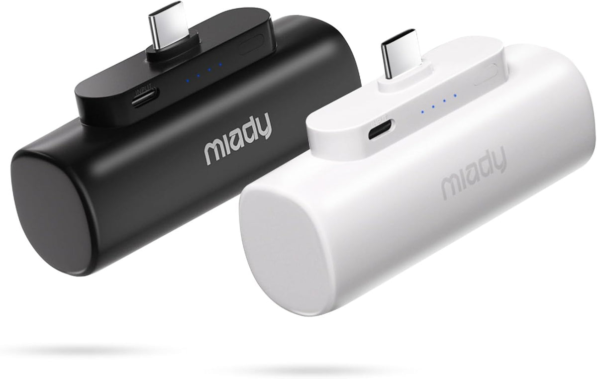 Miady 2-Pack 5000mAh Mini Portable Charger with Built-in Type C Connector, 5V 2.4A USB-C Output Fast Charging Small Power Bank, Compact Battery Pack