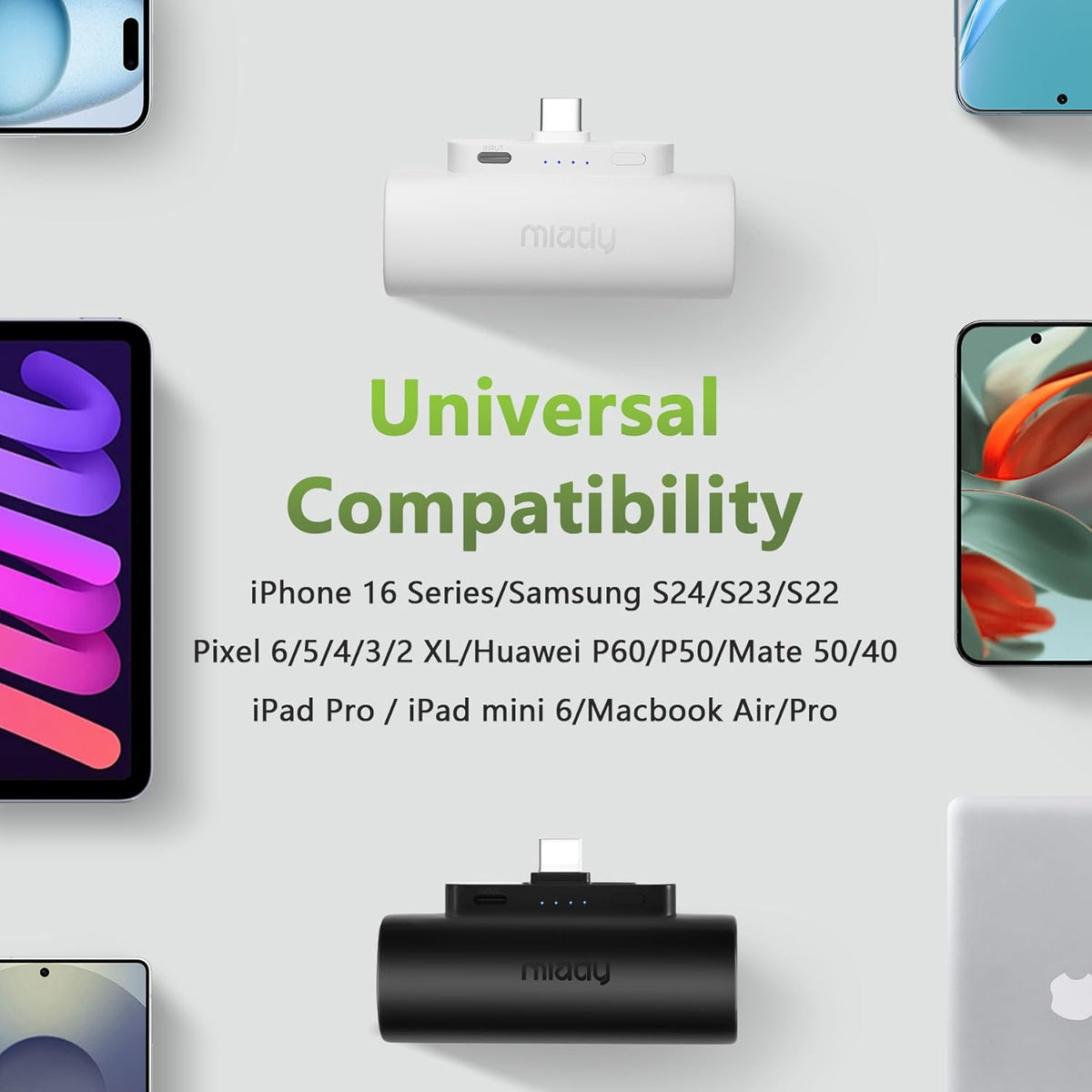 Miady 2-Pack 5000mAh Mini Portable Charger with Built-in Type C Connector, 5V 2.4A USB-C Output Fast Charging Small Power Bank, Compact Battery Pack