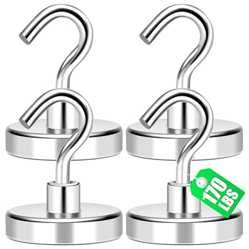 MIKEDE Magnetic Hooks Heavy Duty, 170Lbs+ Super Strong Magnet Hooks for Cruise Essentials, Neodymium Earth Magnets with Hook for Hanging (4 Pack)