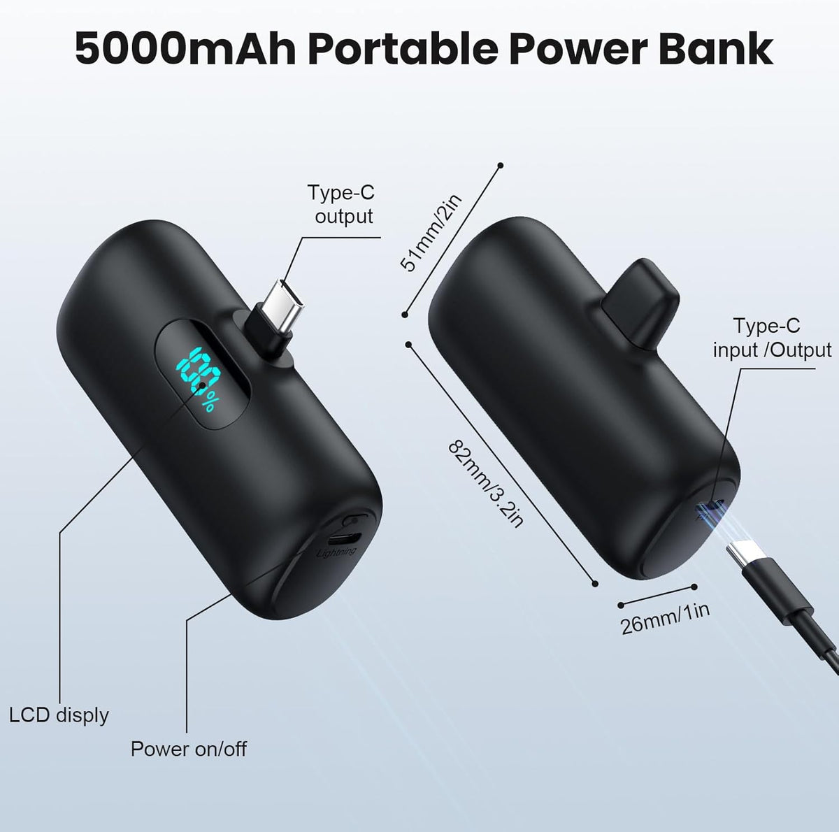 Mini Portable Charger USB C Power Bank, Upgraded 5000mAh PD Fast Charging Battery Pack Built-in USB-C Connector Travel Essential