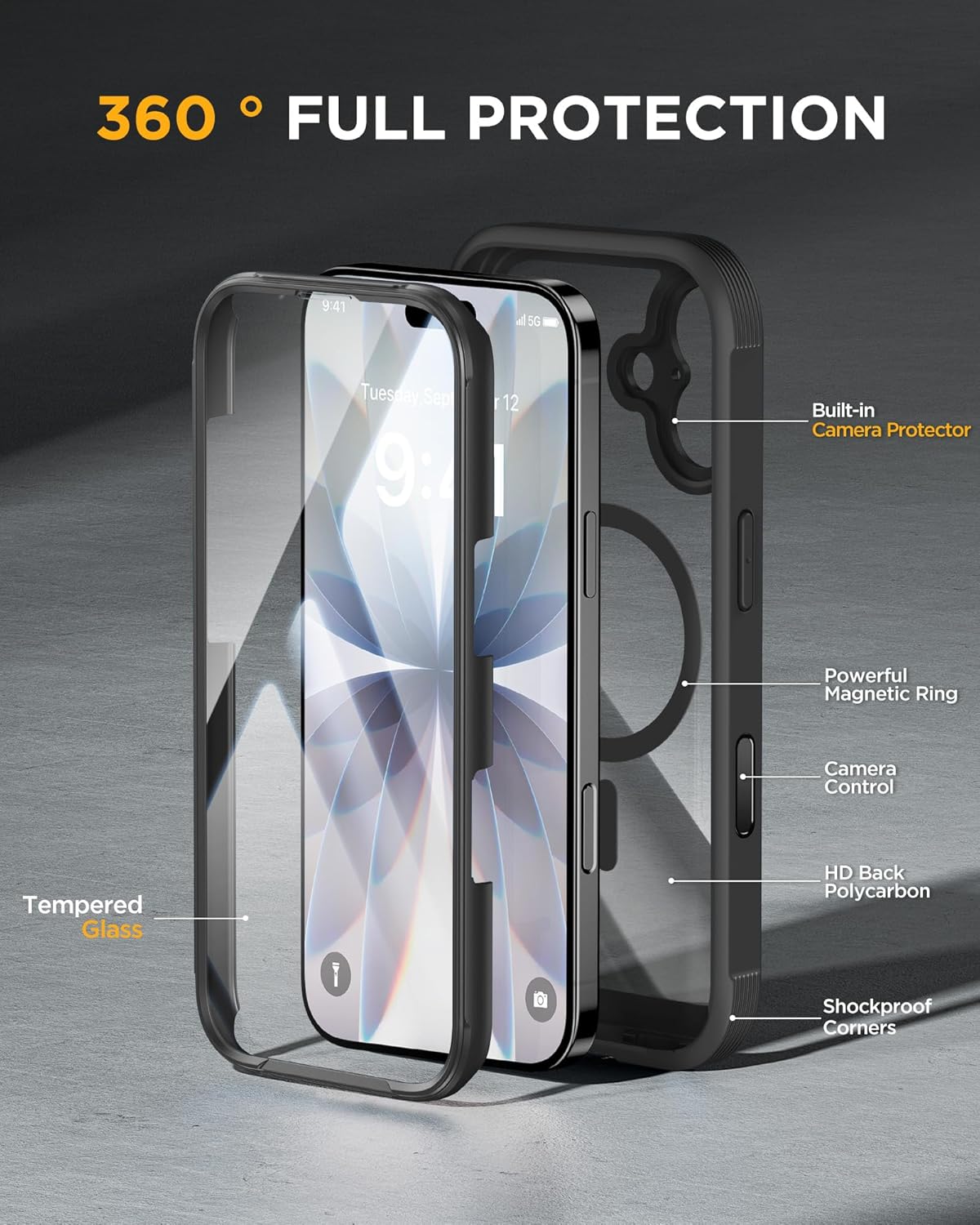Miracase for iPhone 17 Case 6.3'', Full-Body Bumper Drop Protection Outdoor Phone case with Built-in Glass Screen &Camera Control (Black)