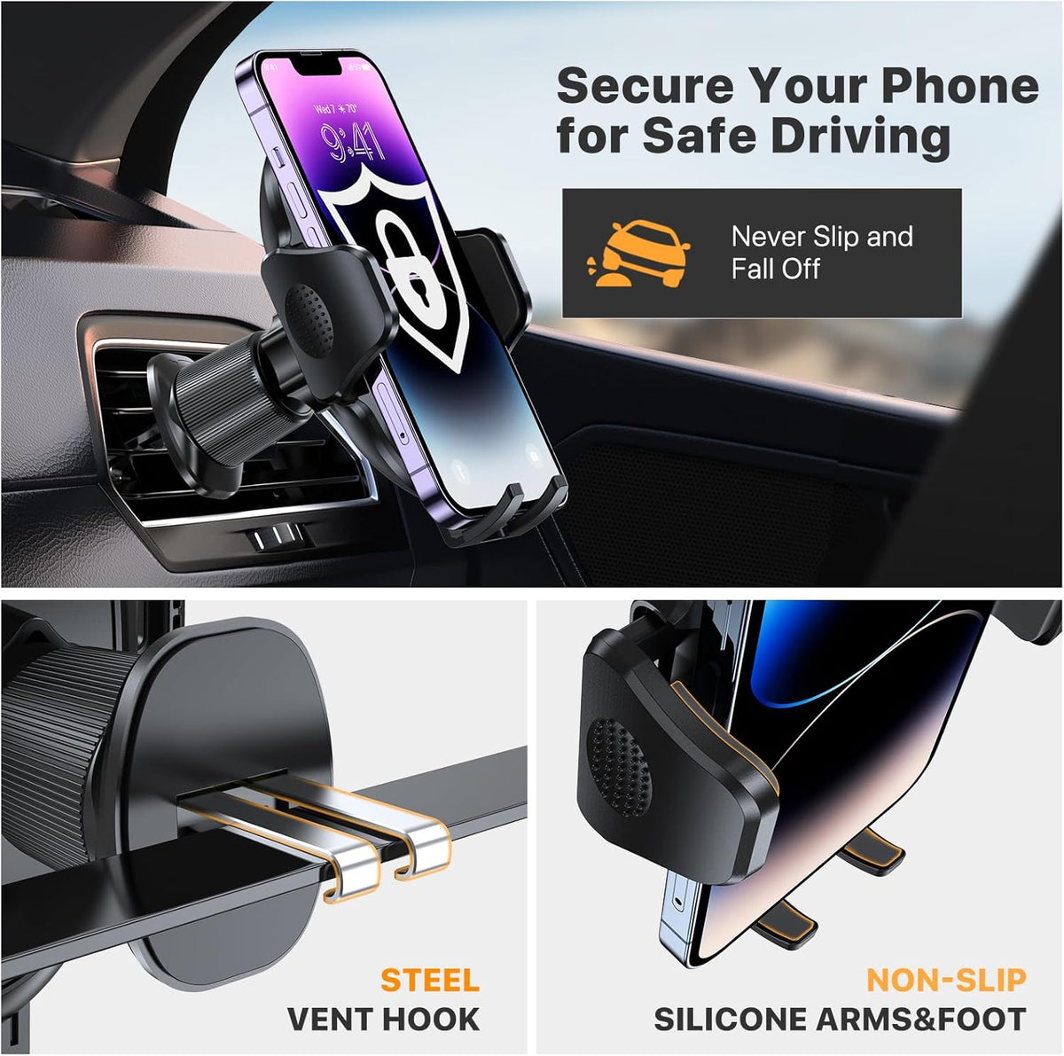 Miracase Phone Holders for Your Car with Metal Hook Clip, Air Vent Cell Phone Stand Car Mount, Universal Automobile Cradle