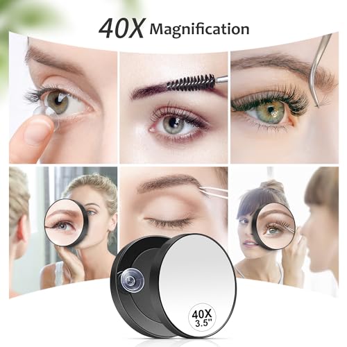 MIYADIVA 40X Magnifying Mirror, 3.5 Inch Round Compact Mirror with Suction Cup, Stainless Steel Tweezers, Perfect for Makeup, Eyebrows, Beards, Travel