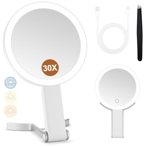 MIYADIVA Magnifying Mirror with Light, Double Sided 30X/1X Lighted Travel Makeup Mirror with Magnification, 3 Color Lighting (White)