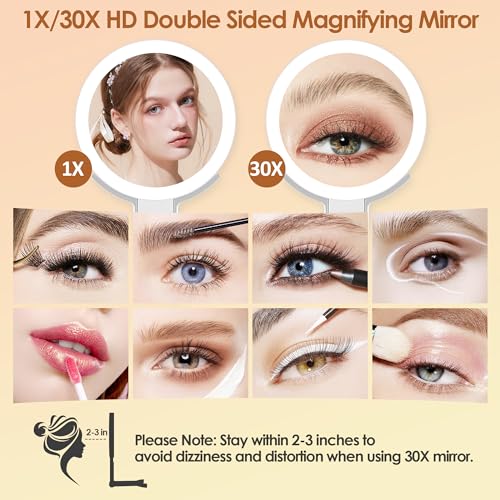 MIYADIVA Magnifying Mirror with Light, Double Sided 30X/1X Lighted Travel Makeup Mirror with Magnification, 3 Color Lighting (White)