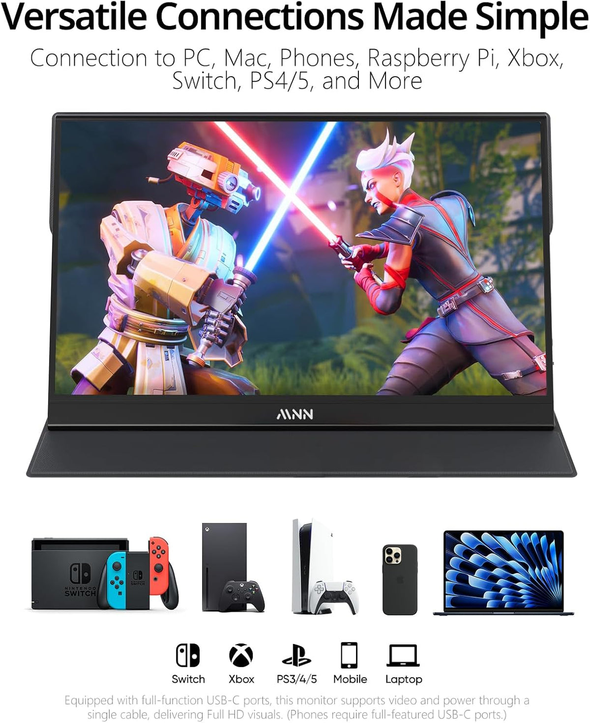 MNN Portable Monitor 15.6inch FHD 1080P USB C HDMI Gaming Ultra-Slim IPS Display w/Smart Cover & Speakers, HDR Plug&Play, External Monitor