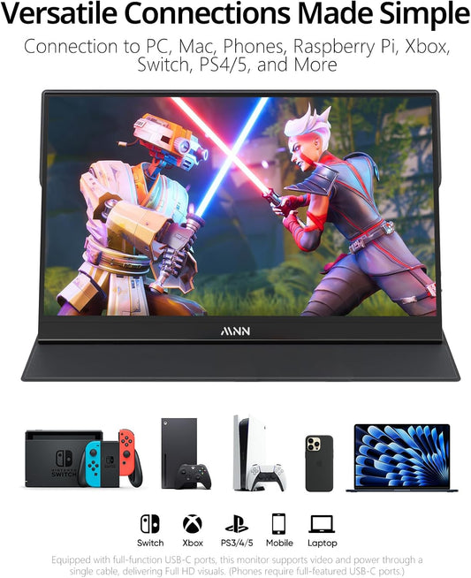 MNN Portable Monitor 15.6inch FHD 1080P USB C HDMI Gaming Ultra-Slim IPS Display w/Smart Cover & Speakers, HDR Plug&Play, External Monitor