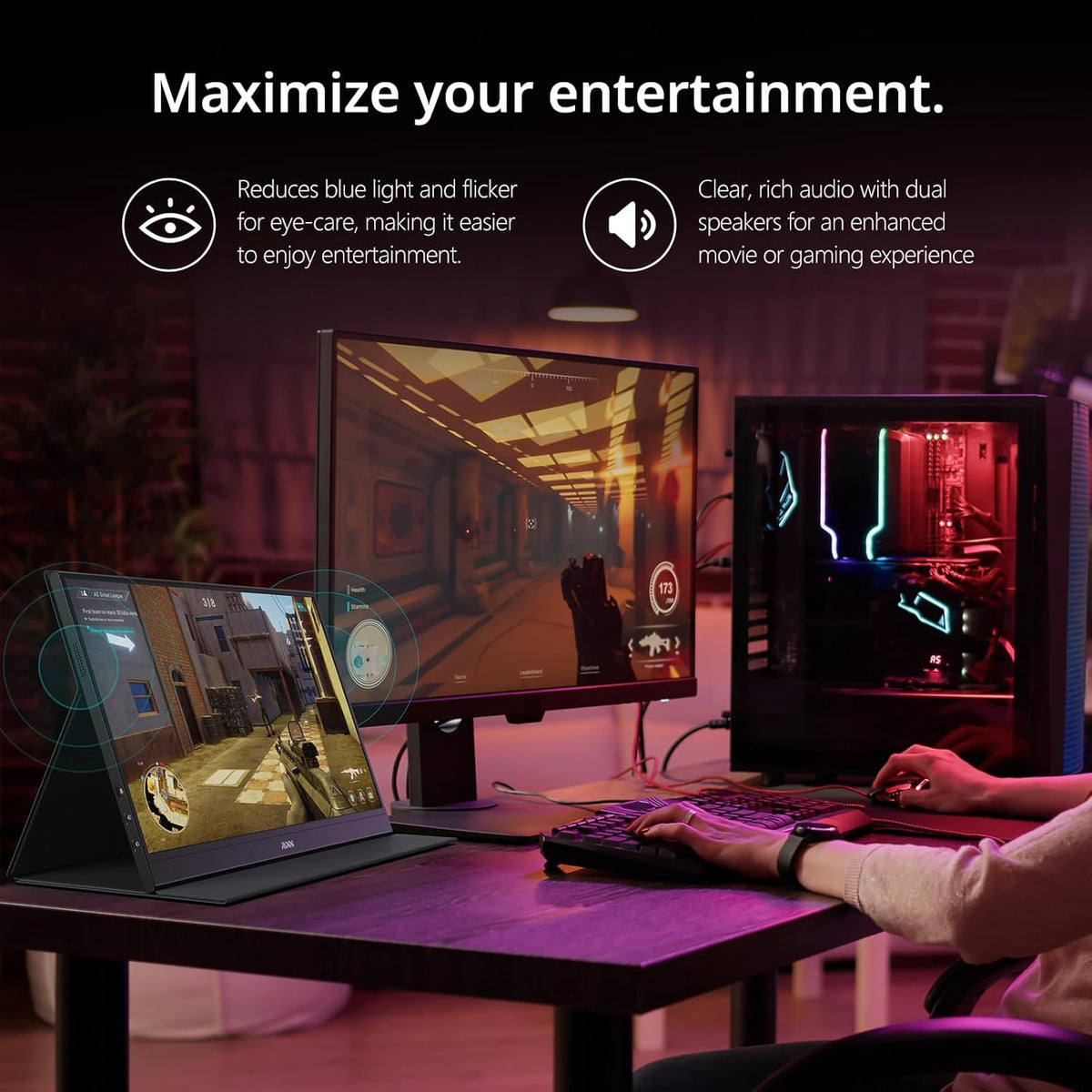 MNN Portable Monitor 15.6inch FHD 1080P USB C HDMI Gaming Ultra-Slim IPS Display w/Smart Cover & Speakers, HDR Plug&Play, External Monitor