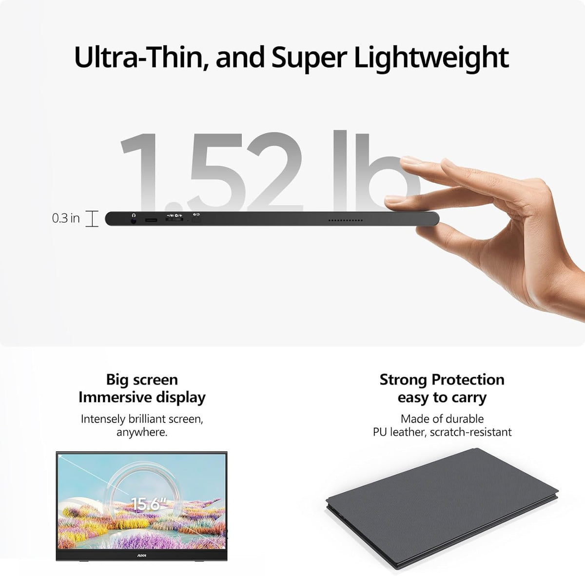 MNN Portable Monitor 15.6inch FHD 1080P USB C HDMI Gaming Ultra-Slim IPS Display w/Smart Cover & Speakers, HDR Plug&Play, External Monitor