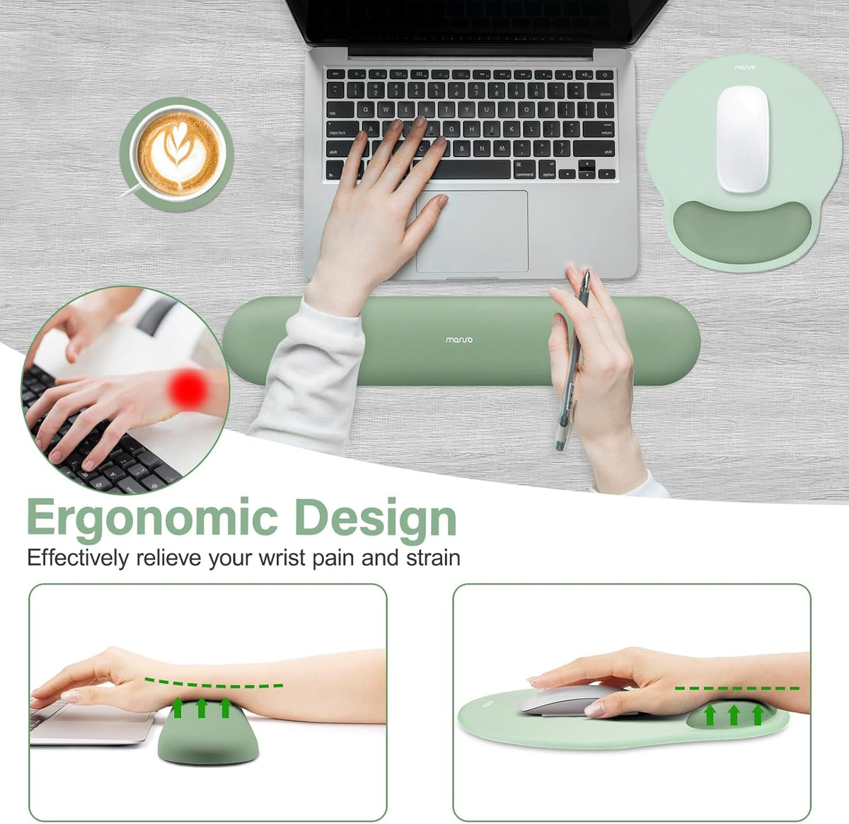 MOSISO Ergonomic Wrist Rest Mouse Pad & Keyboard Set with Coaster, Non-Slip Base for Home and Office