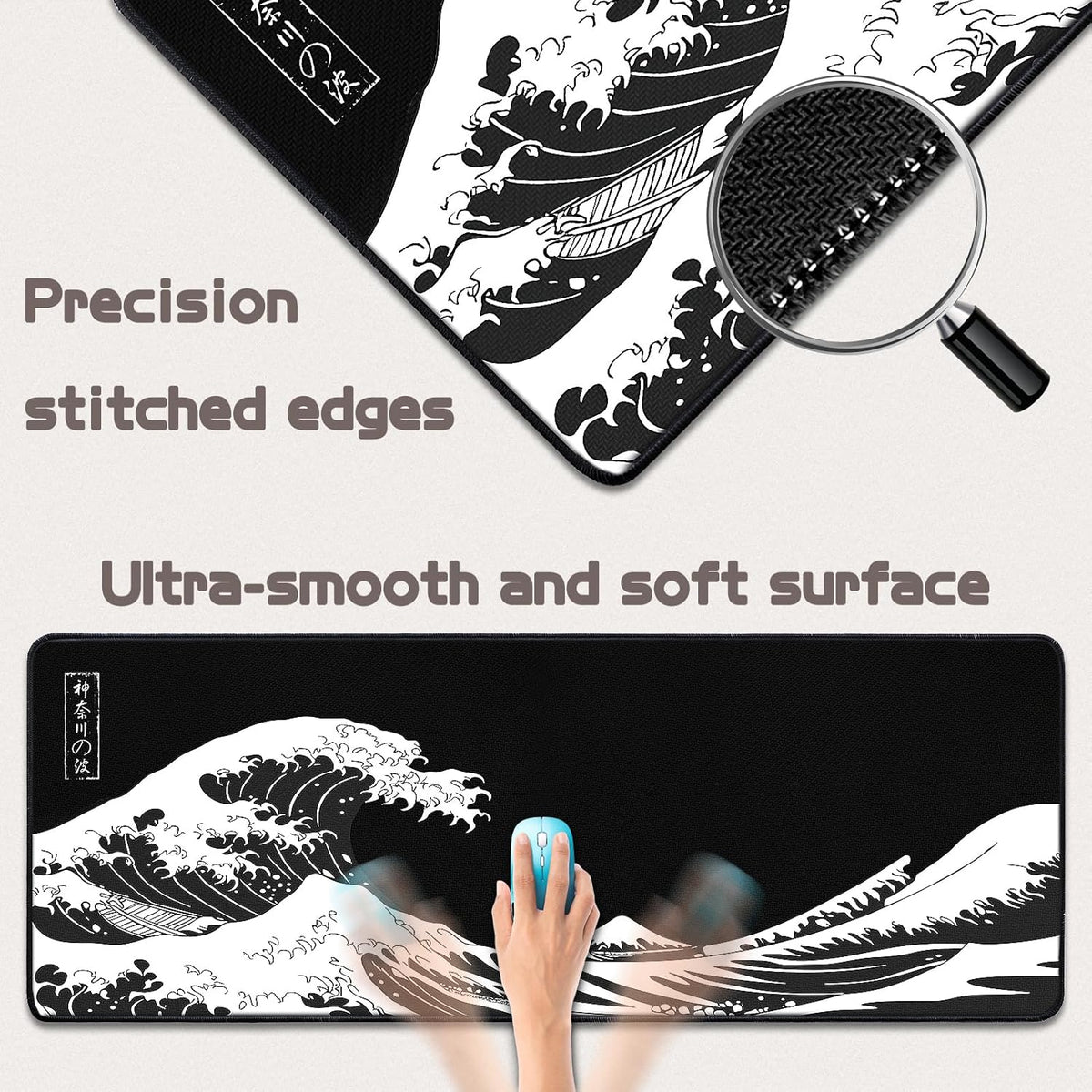 Mouse Pad Gaming - Desk Mat for Keyboard and Mouse - Kanagawa Large Mouse Pad for Desk, Japanese Sea Wave Mousepad (31.5 x 11.8inch)