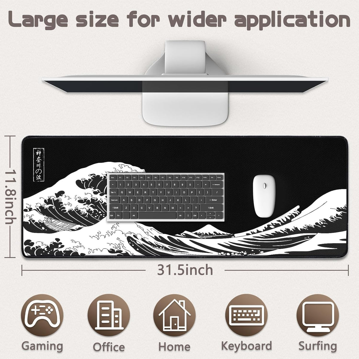 Mouse Pad Gaming - Desk Mat for Keyboard and Mouse - Kanagawa Large Mouse Pad for Desk, Japanese Sea Wave Mousepad (31.5 x 11.8inch)