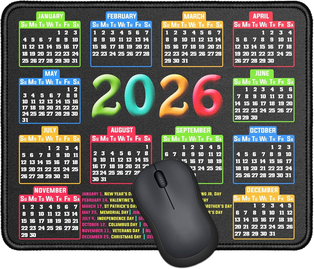 Mouse Pad with Stitched Edge, Computer Mouse Mat with Non-Slip Rubber Base, Mouse Pads for Computers Laptop Mouse 9.6x7.9x0.1 (2026 Calendar Black)