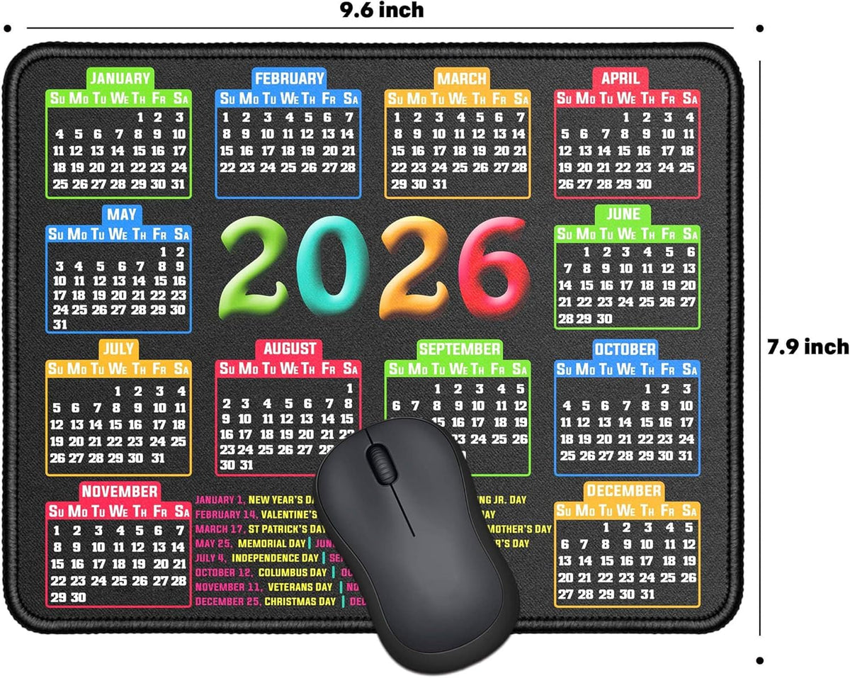 Mouse Pad with Stitched Edge, Computer Mouse Mat with Non-Slip Rubber Base, Mouse Pads for Computers Laptop Mouse 9.6x7.9x0.1 (2026 Calendar Black)