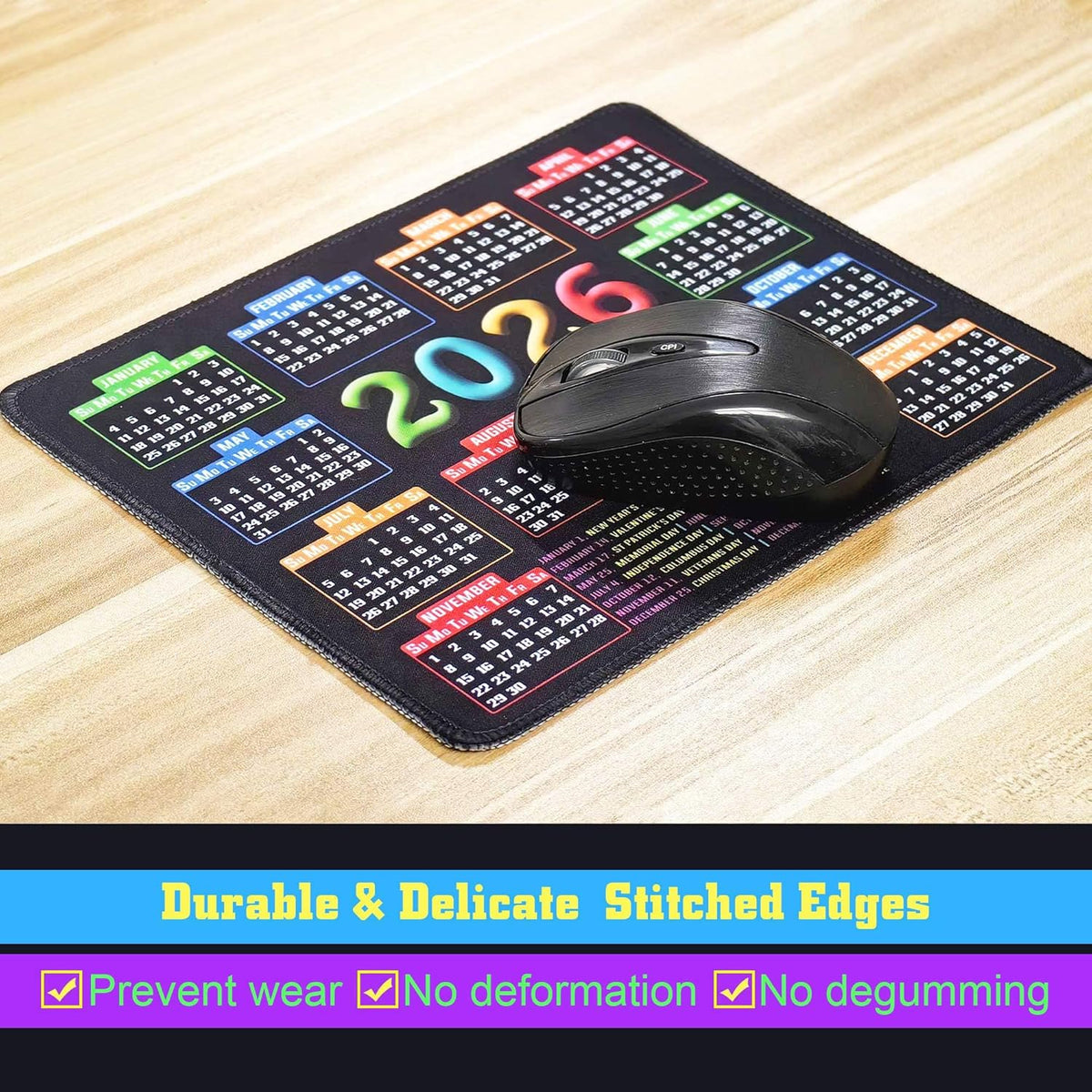 Mouse Pad with Stitched Edge, Computer Mouse Mat with Non-Slip Rubber Base, Mouse Pads for Computers Laptop Mouse 9.6x7.9x0.1 (2026 Calendar Black)