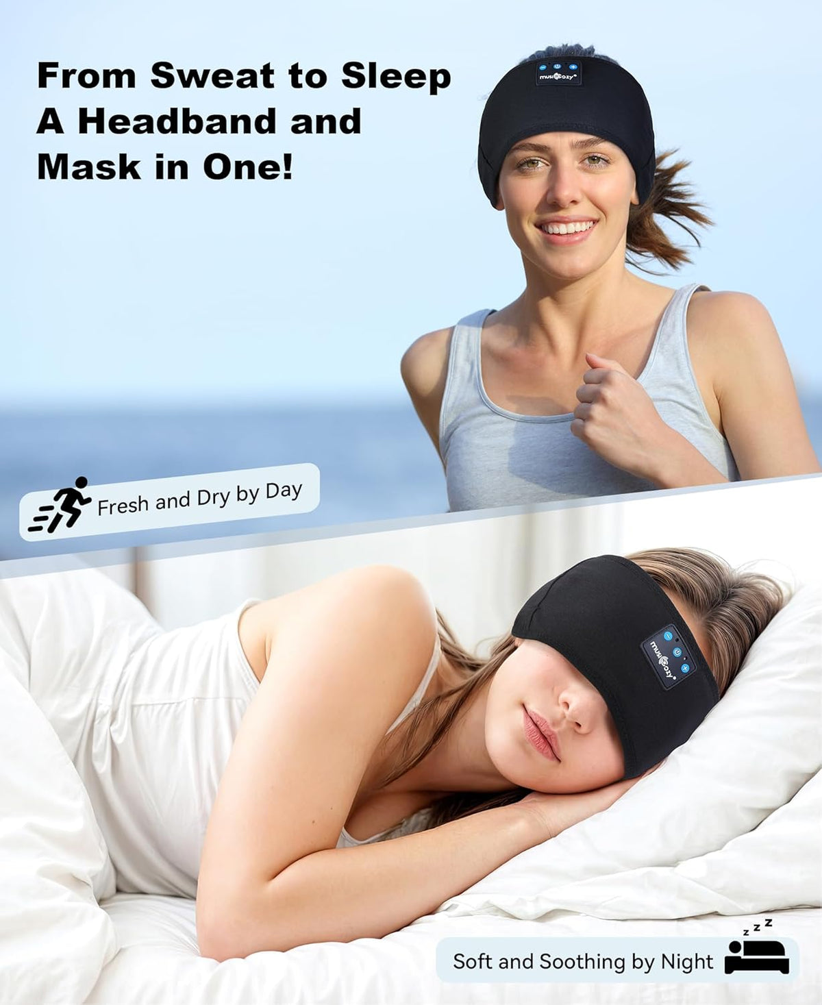 MUSICOZY Sleep Headphones Bluetooth 5.4 Headband, Sports Wireless Earphones Sweat Resistant Earbuds Sleeping Headphone
