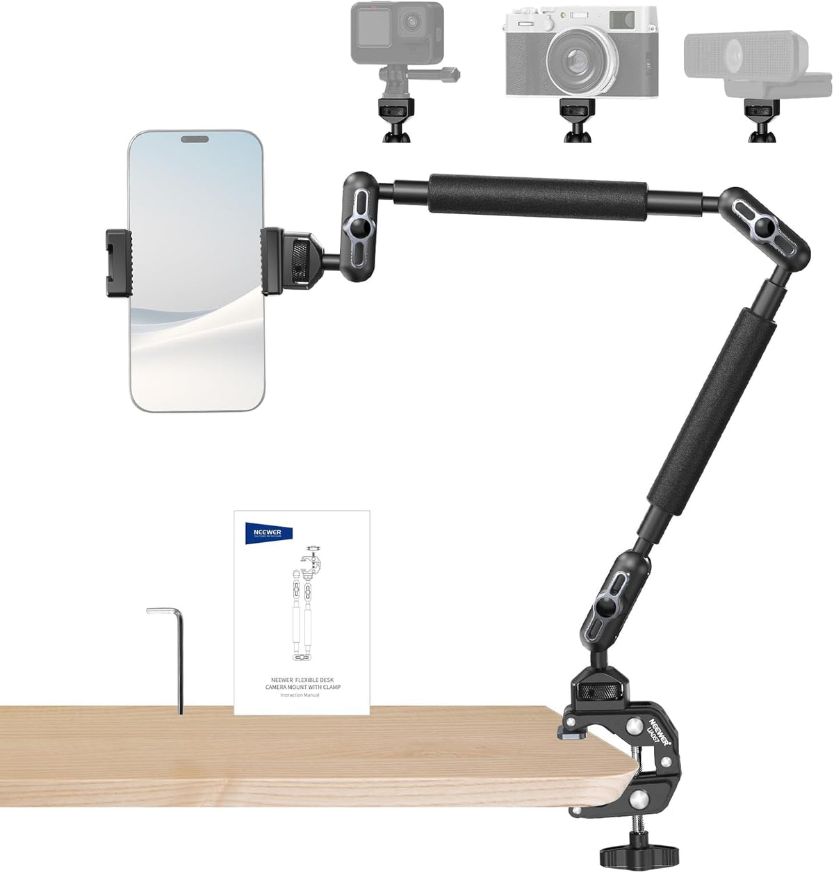 NEEWER 22" Magic Arm w Desk C Clamp, Overhead Camera Mount with Articulating Mic Boom Arm 1/4" 3/8" Threads for ARRI, Desktop Stand Holder