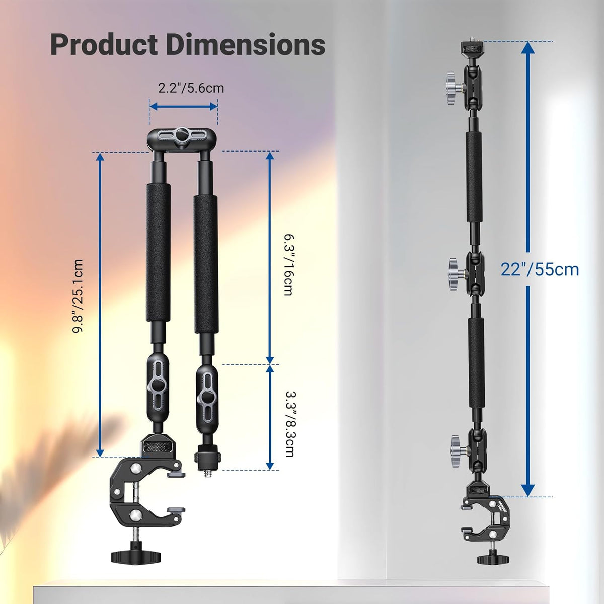 NEEWER 22" Magic Arm w Desk C Clamp, Overhead Camera Mount with Articulating Mic Boom Arm 1/4" 3/8" Threads for ARRI, Desktop Stand Holder