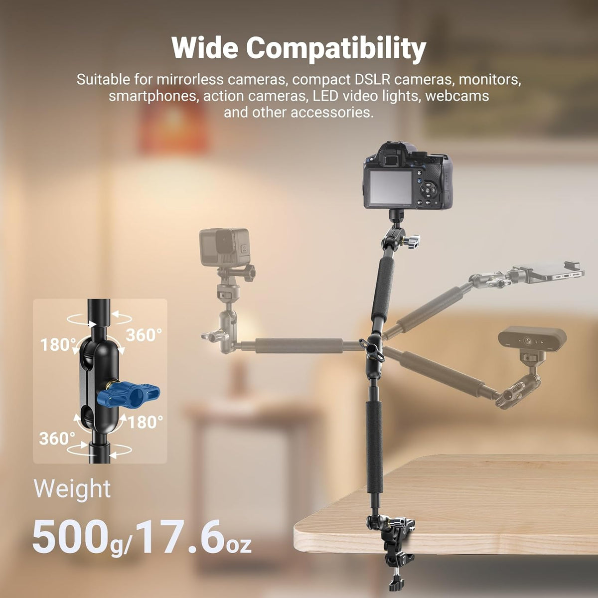 NEEWER 22" Magic Arm w Desk C Clamp, Overhead Camera Mount with Articulating Mic Boom Arm 1/4" 3/8" Threads for ARRI, Desktop Stand Holder