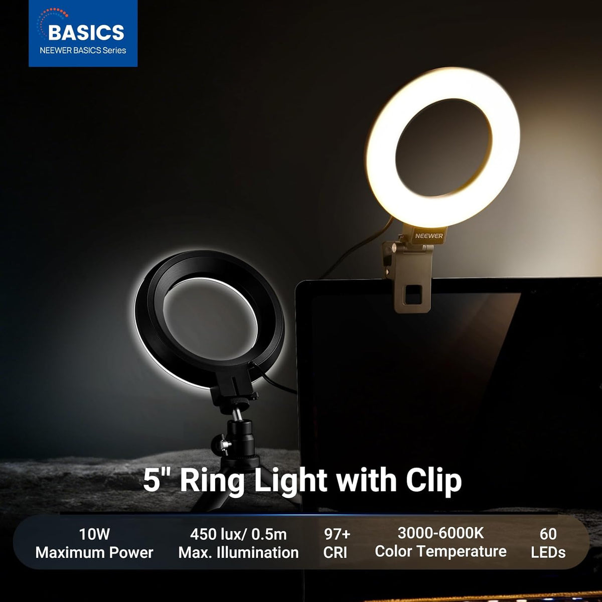 NEEWER Basic 5" Ring Light for Video Conference Lighting, Clip on Light Kit with Desk Tripod Stand