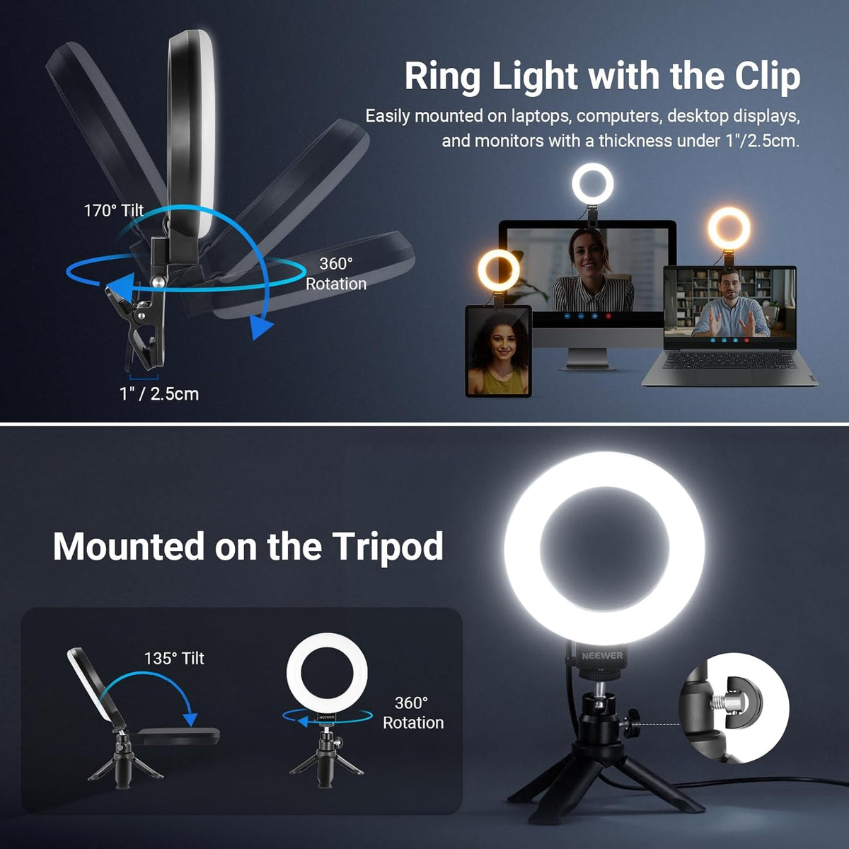 NEEWER Basic 5" Ring Light for Video Conference Lighting, Clip on Light Kit with Desk Tripod Stand