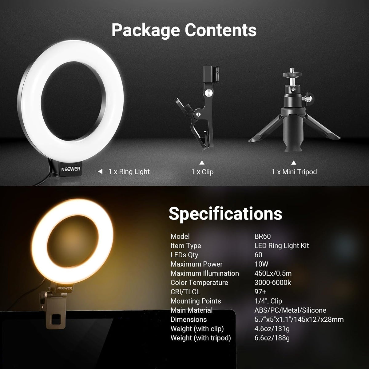 NEEWER Basic 5" Ring Light for Video Conference Lighting, Clip on Light Kit with Desk Tripod Stand