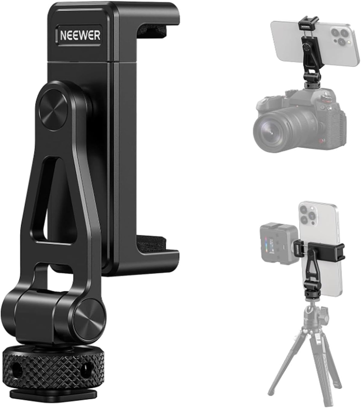 NEEWER Metal Phone Tripod Mount with Cold Shoes, 1/4" Thread, 180° Tilt, 360° Rotation, Adjustable Phone Clamp Holder