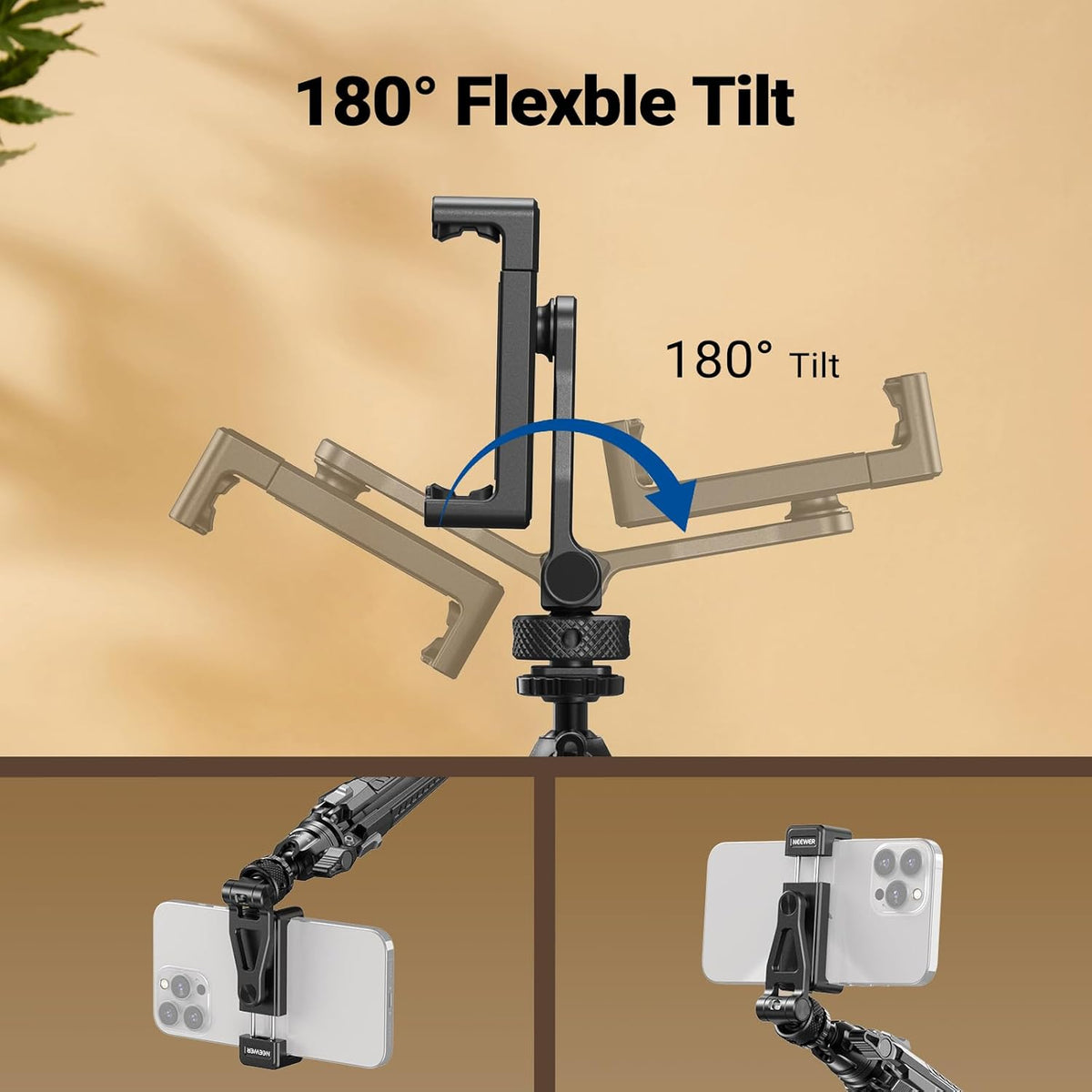 NEEWER Metal Phone Tripod Mount with Cold Shoes, 1/4" Thread, 180° Tilt, 360° Rotation, Adjustable Phone Clamp Holder