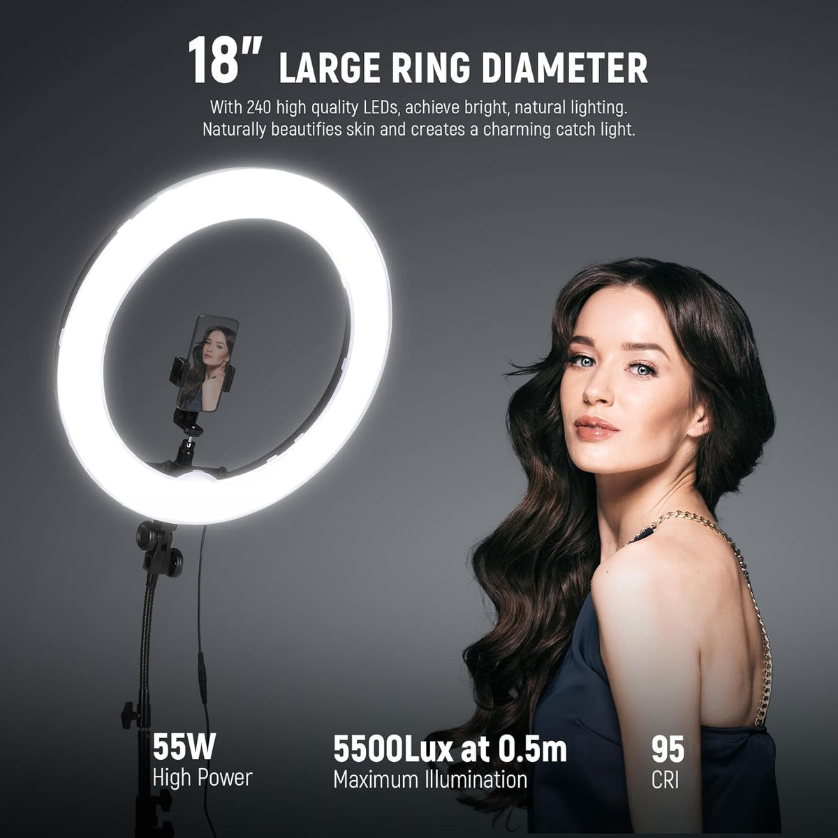 NEEWER Ring Light 18inch Kit, 55W 5600K Professional LED with Stand and Phone Holder, Soft Tube & Bag