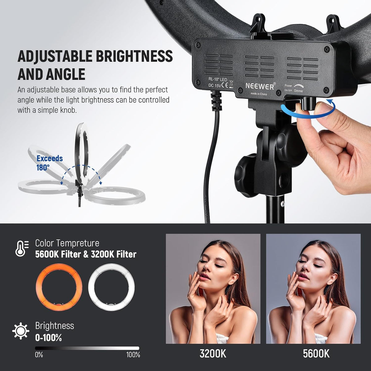 NEEWER Ring Light 18inch Kit, 55W 5600K Professional LED with Stand and Phone Holder, Soft Tube & Bag