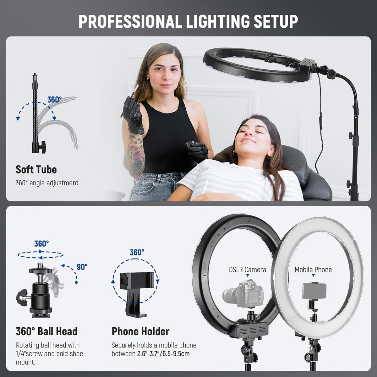 NEEWER Ring Light 18inch Kit, 55W 5600K Professional LED with Stand and Phone Holder, Soft Tube & Bag