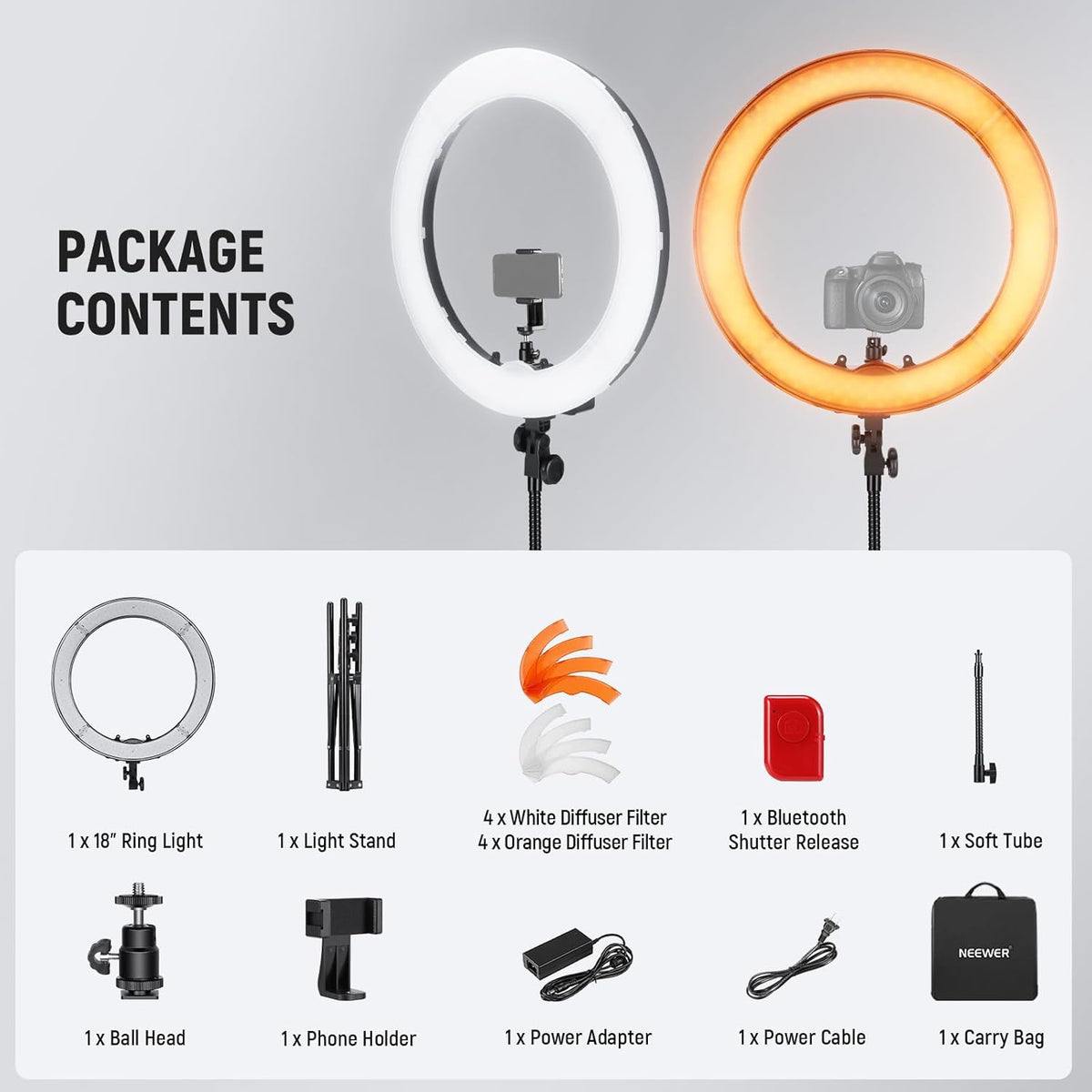 NEEWER Ring Light 18inch Kit, 55W 5600K Professional LED with Stand and Phone Holder, Soft Tube & Bag