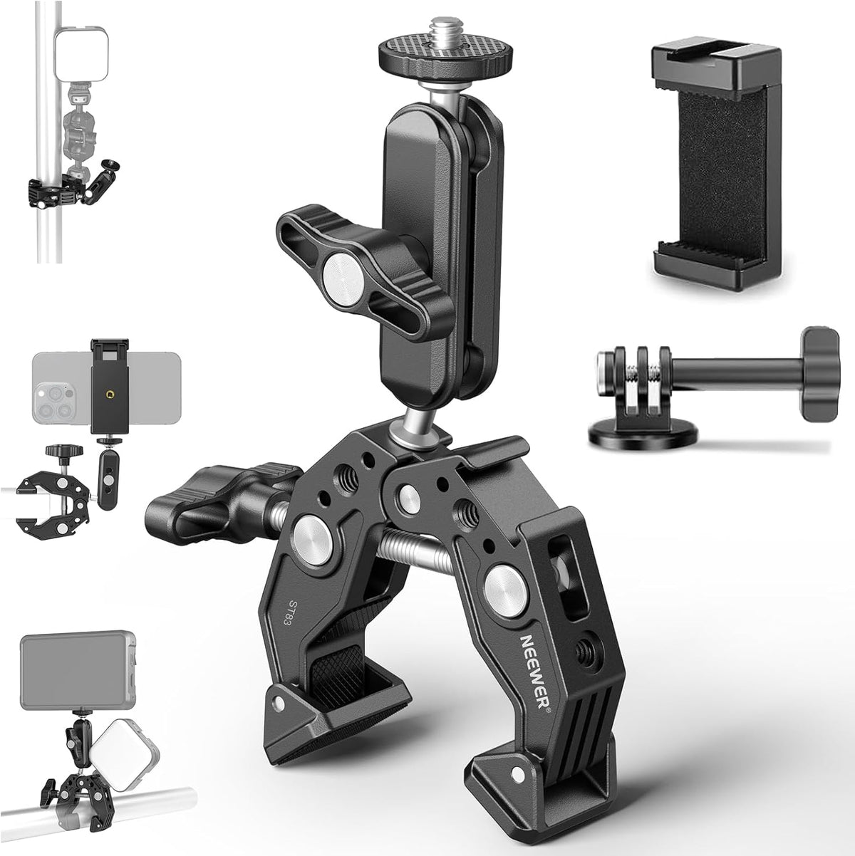 NEEWER Super Clamp with 3" Dual Ballhead Magic Arm, Cold Shoe, 1/4" Threads, Phone/Action Camera Mount Adapter