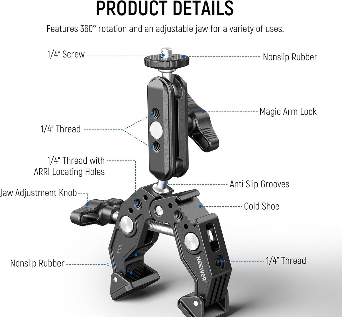 NEEWER Super Clamp with 3" Dual Ballhead Magic Arm, Cold Shoe, 1/4" Threads, Phone/Action Camera Mount Adapter