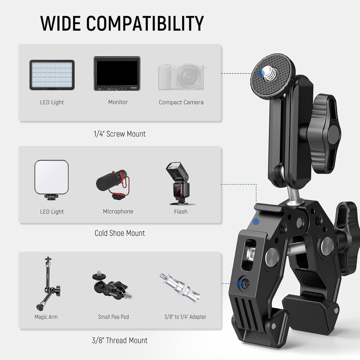 NEEWER Super Clamp with 3" Dual Ballhead Magic Arm, Cold Shoe, 1/4" Threads, Phone/Action Camera Mount Adapter