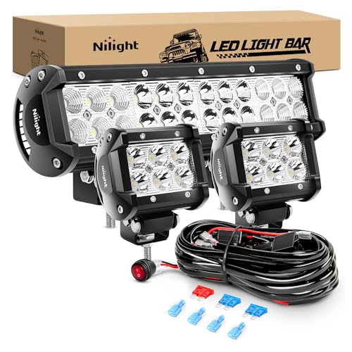 Nilight 12 Inch 72W Spot Flood Combo Led Light Bar 2Pcs 4Inch 18W Flood LED Pods Fog Lights Off Road with Wiring Harness Kit-3 Leads