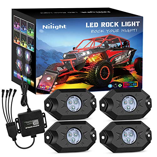 Nilight RGB LED Rock Lights Kit, 4 pods Underglow Multicolor Neon Light Pod with Bluetooth App Control Flashing Music Mode Wheel Well Light