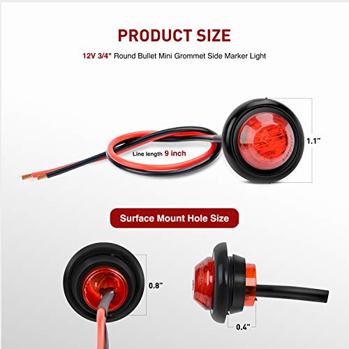Nilight - TL-04 10 PCS 3/4 Inch Round LED Clearance Light LED Front Rear Side Marker Indicator Light Bullet Marker Light (Red)