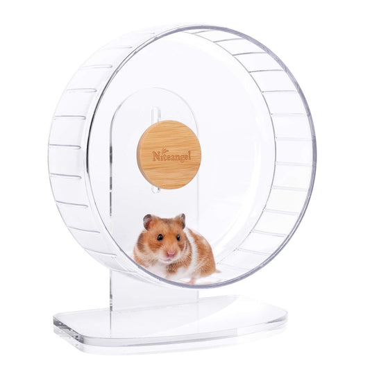 Niteangel Super-Silent Hamster Exercise Wheels - Quiet Spinner Hamster Running Wheels with Adjustable Stand (M, Transparent)