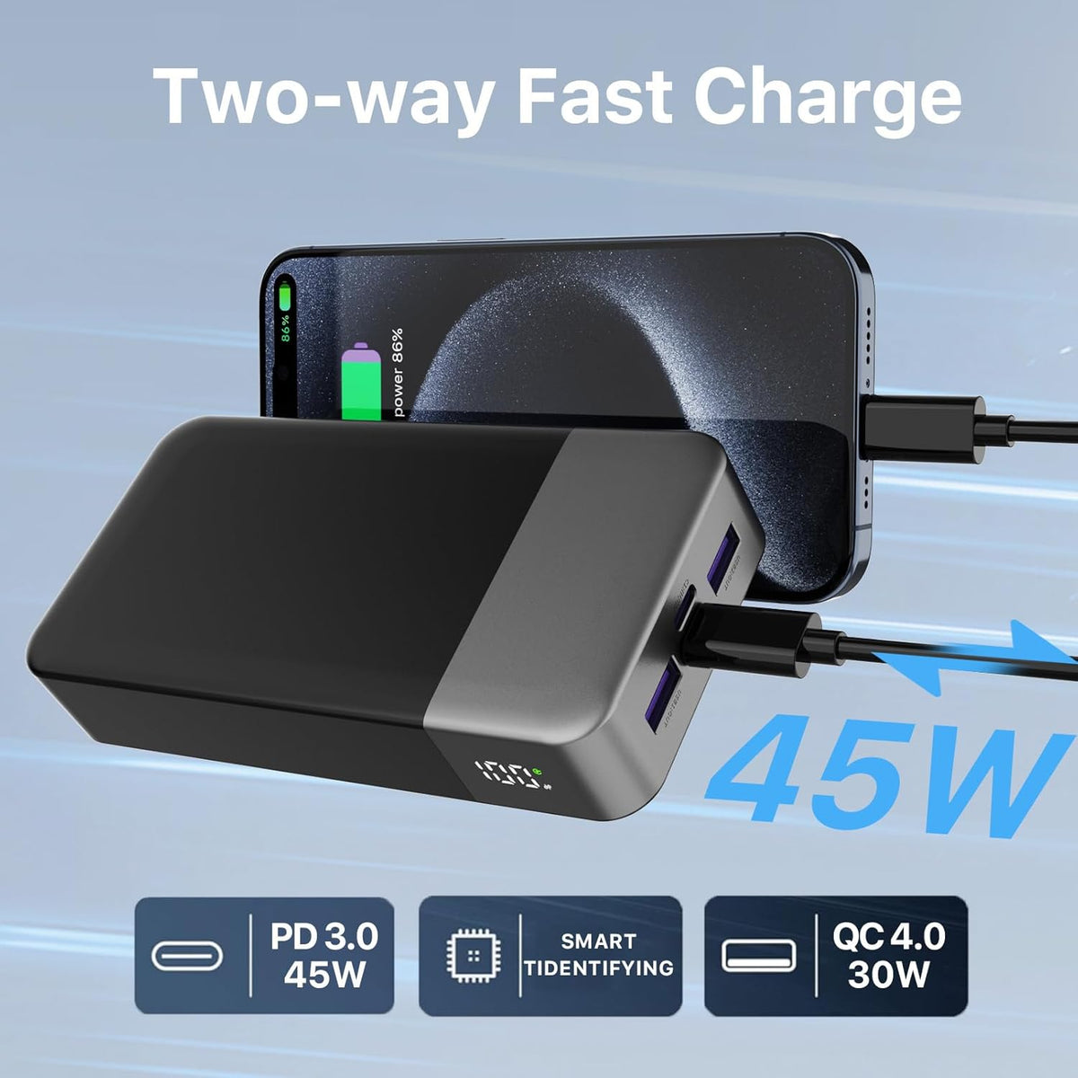 NOBIS Portable Charger, 20000mAh Power Bank, 45W Power Bank Fast Charging, Battery Pack with C to C Cable, Battery Bank with Digital Display (Black)