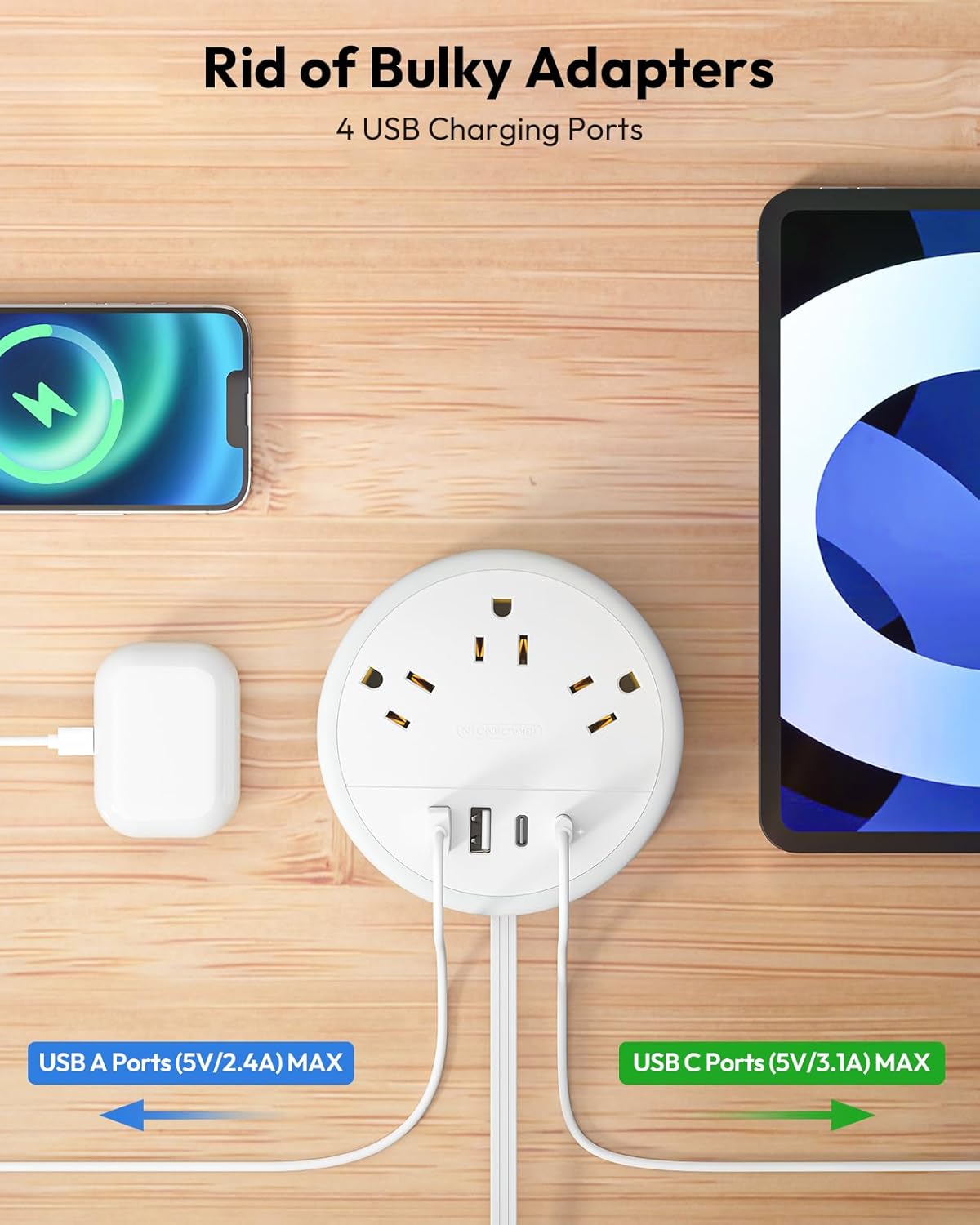 NTONPOWER Travel Power Strip, Travel Essentials, Cruise Essentials 3 Outlets 4 USB Ports(2 USB C), 4FT Wrapped Around Extension Cord