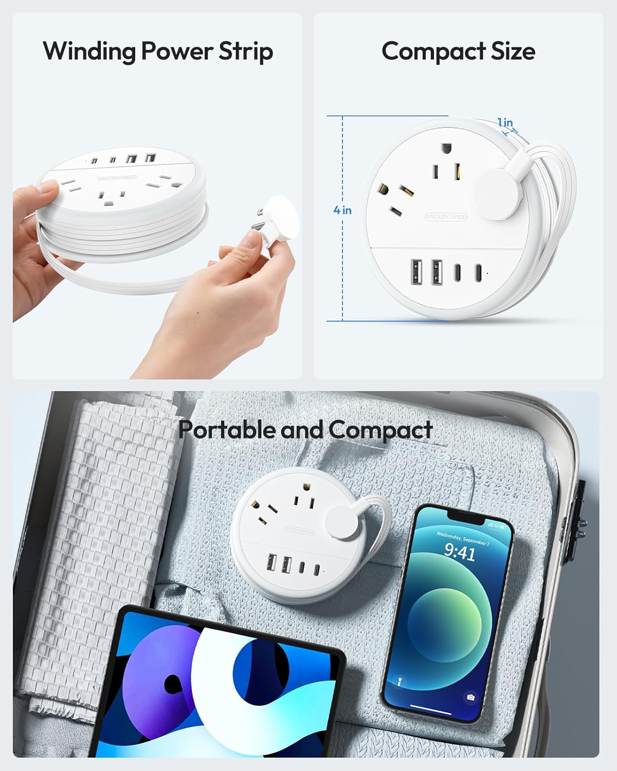 NTONPOWER Travel Power Strip, Travel Essentials, Cruise Essentials 3 Outlets 4 USB Ports(2 USB C), 4FT Wrapped Around Extension Cord