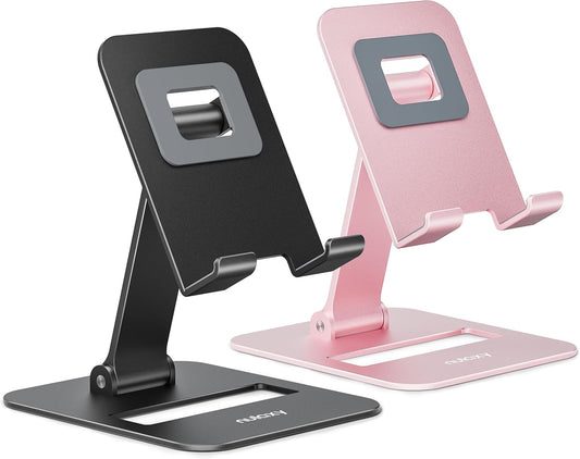 Nulaxy 2 Pack Dual Folding Cell Phone Stand, Fully Adjustable Phone Holder for Desk, Compatible with iPhone 17 16 15 14 13 12 11 (Black & Rose Gold)