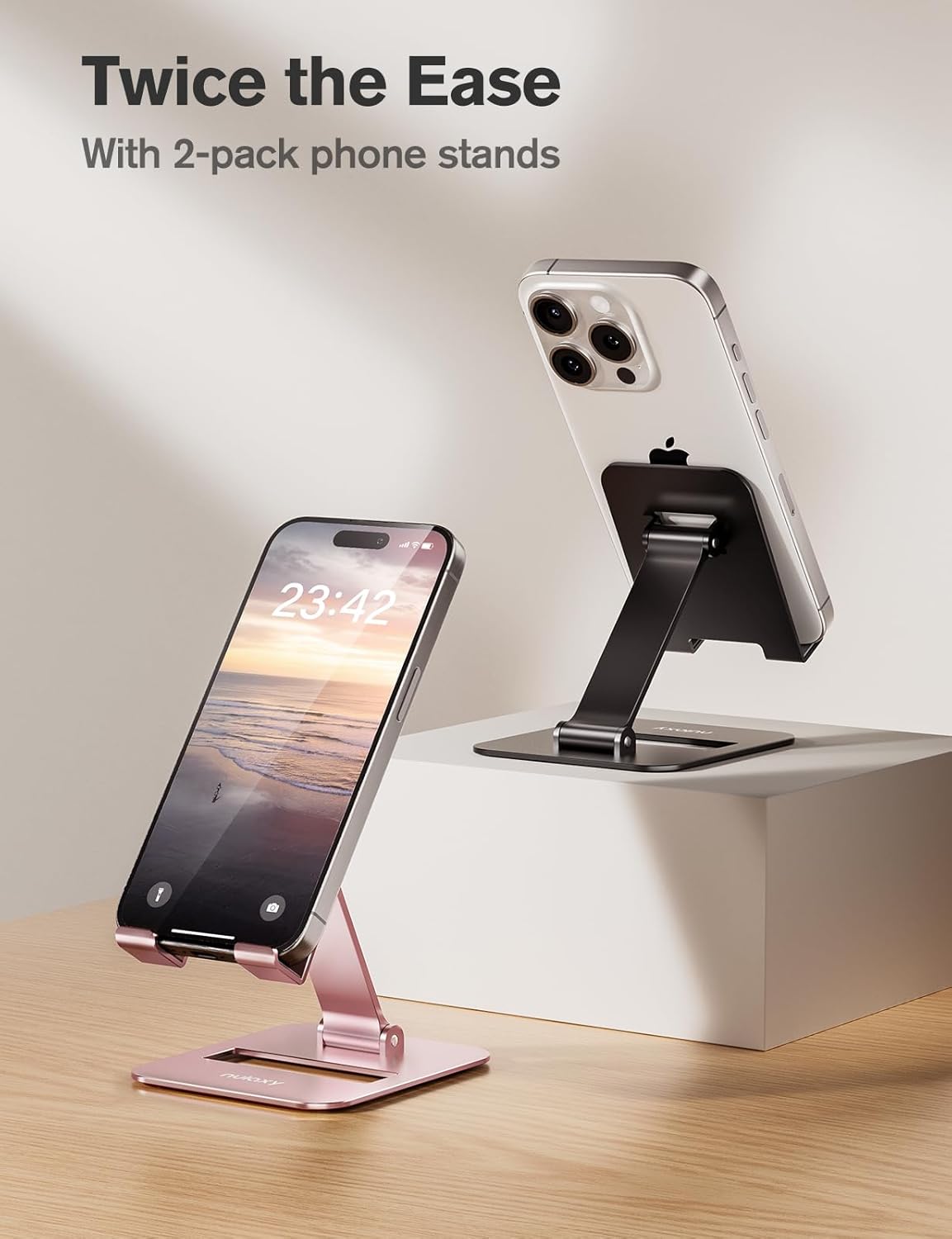 Nulaxy 2 Pack Dual Folding Cell Phone Stand, Fully Adjustable Phone Holder for Desk, Compatible with iPhone 17 16 15 14 13 12 11 (Black & Rose Gold)