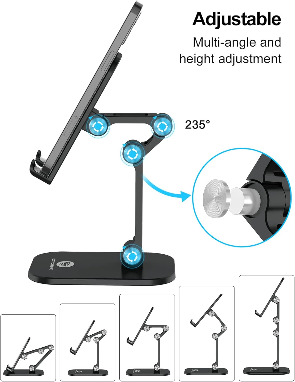 OCYCLONE Phone Stand, Adjustable Height and Angle Foldable Cell Phone Stand Holder for Desk, Taller iPhone Stand (Black)