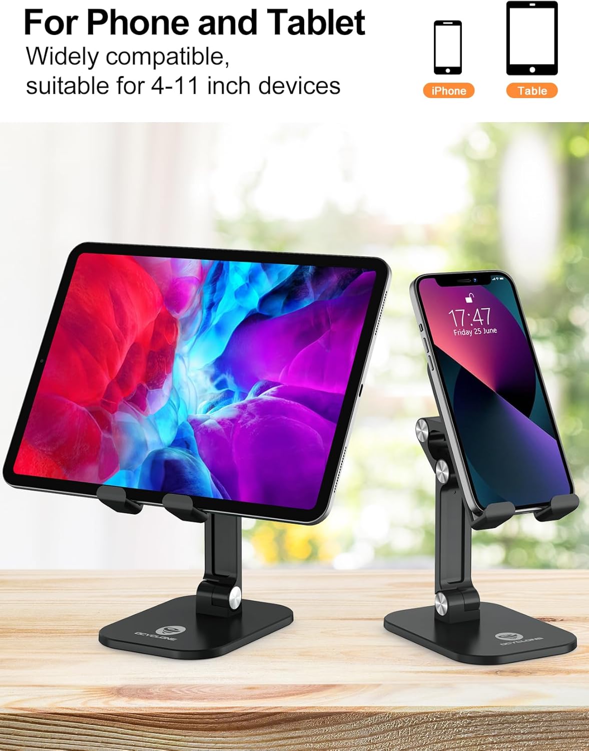 OCYCLONE Phone Stand, Adjustable Height and Angle Foldable Cell Phone Stand Holder for Desk, Taller iPhone Stand (Black)