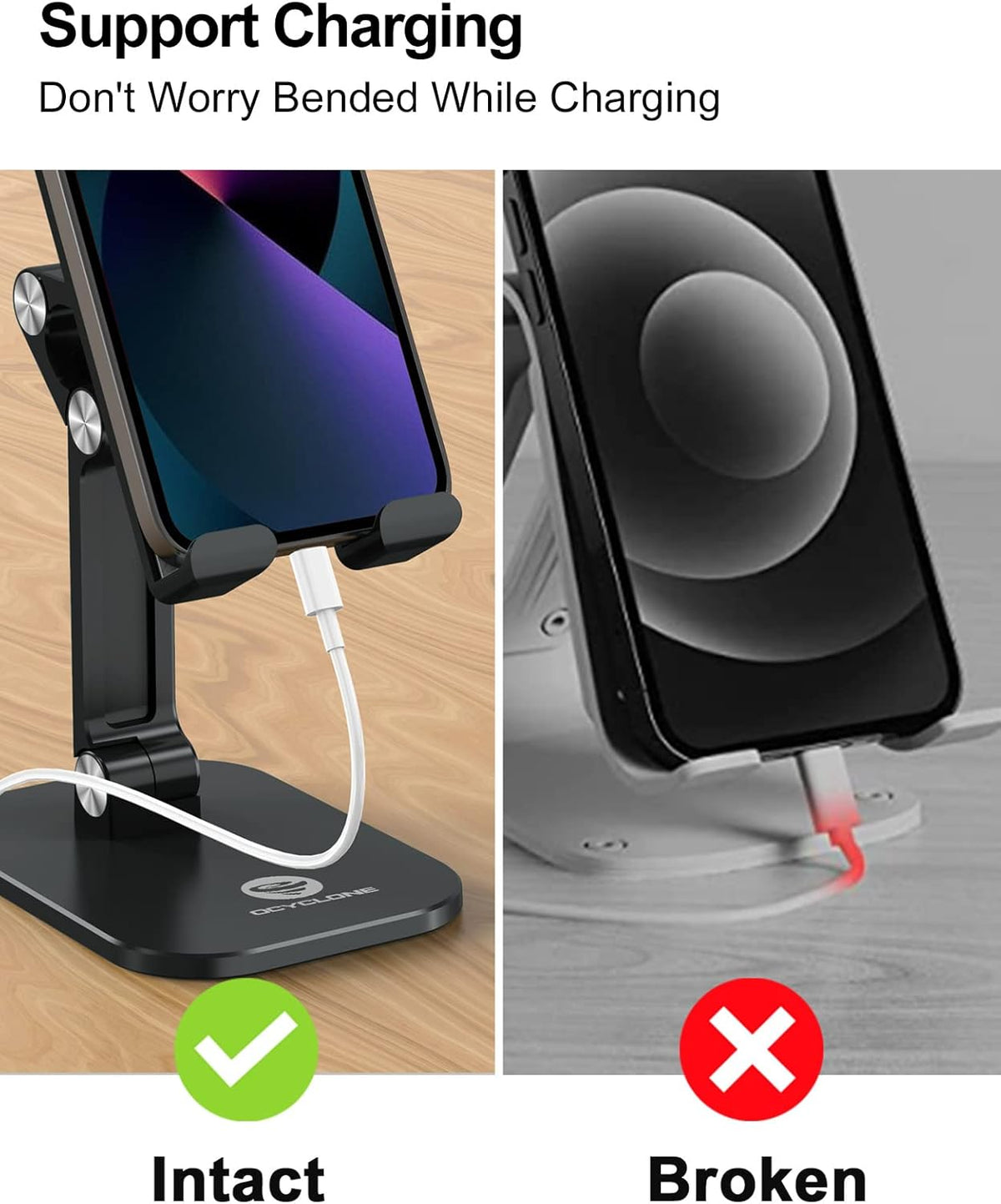 OCYCLONE Phone Stand, Adjustable Height and Angle Foldable Cell Phone Stand Holder for Desk, Taller iPhone Stand (Black)