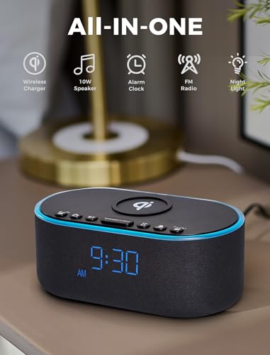 Odokee Wireless Charging Alarm Clock Radio: Qi Certified Fast Wireless Charger for iPhone Samsung - 10W Stereo Bluetooth Speaker