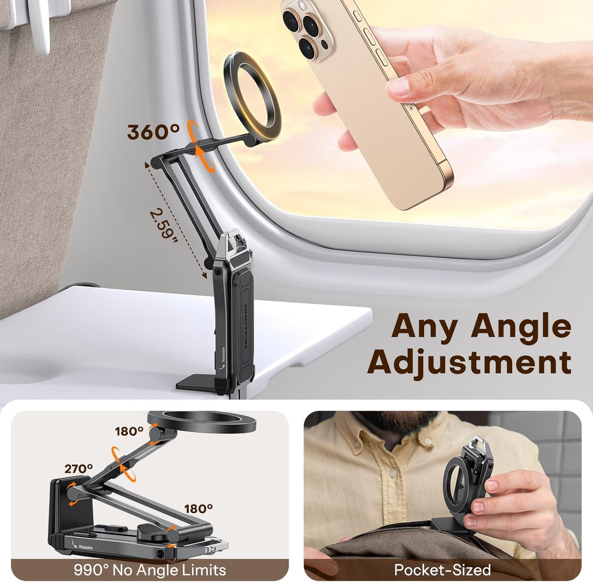 OMOTON TP02 360°Rotating for MagSafe Tripod, Adjustable Aluminum Magnetic Phone Tripod for iPhone 17/16/15/14 Pro Max Air